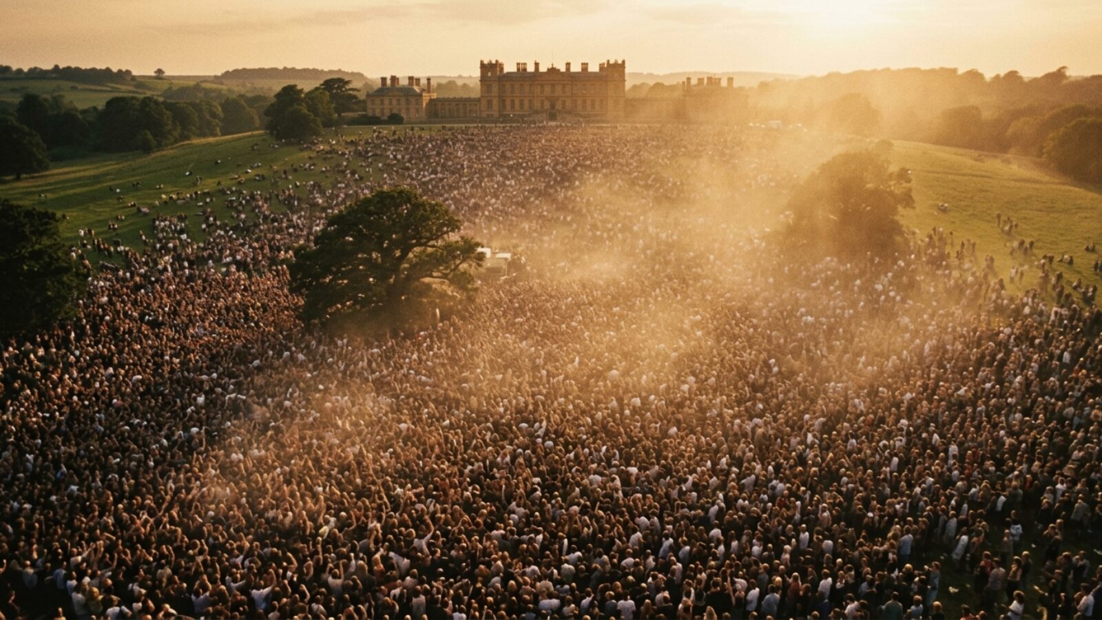 Crowds at Knebworth Park at sunset, near The Pop-Up Camp