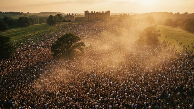 Crowds at Knebworth Park at sunset, near The Pop-Up Camp