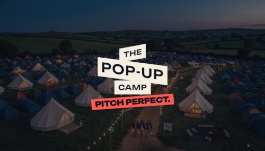 Bell tents and festival tents at dusk with The Pop-Up Camp logo and the line Pitch perfect
