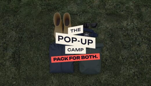 Wellies, raincoat, sunglasses and head torch on grass with The Pop-Up Camp logo and the line Pack for both