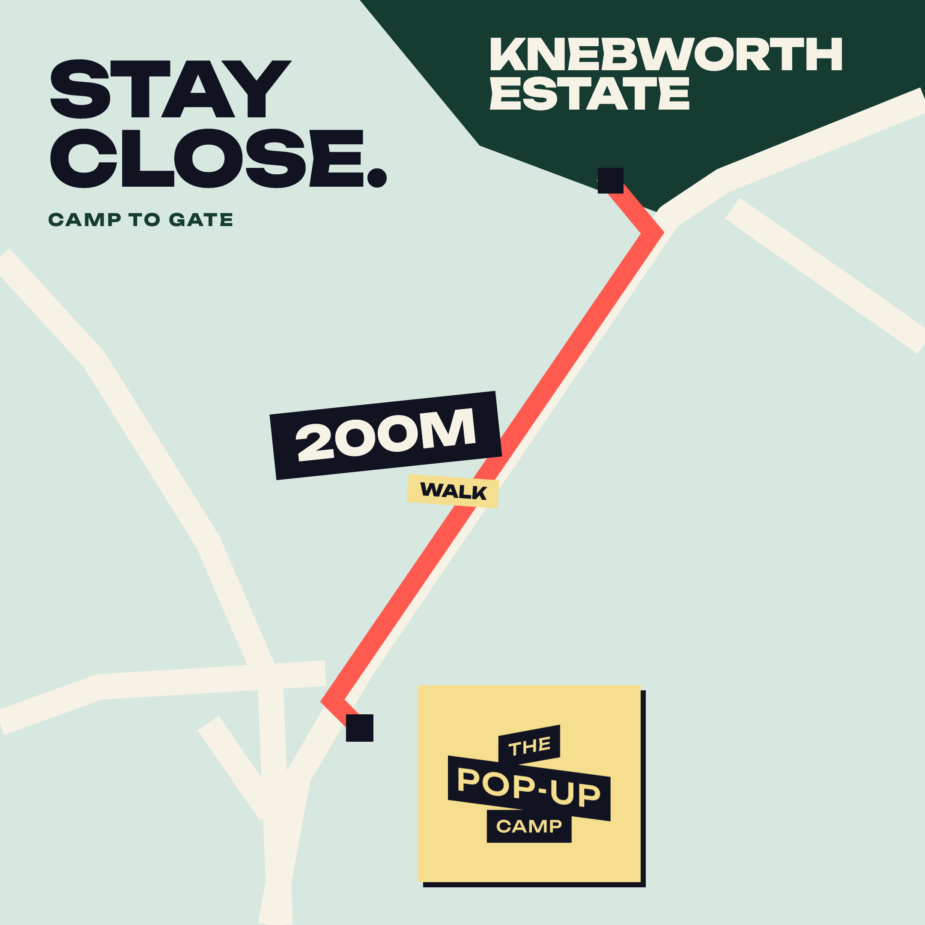 Map: The Pop-Up Camp is a 200m walk from the Knebworth estate gate, unofficial camping for the Oasis concerts 2027